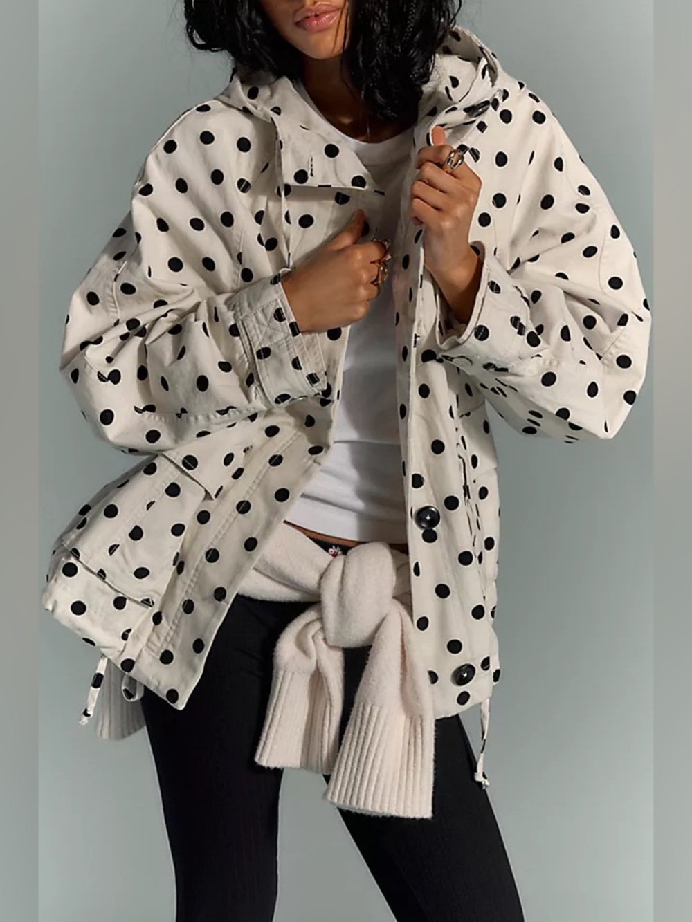 Free People Jojo Printed Hoodie Jacket Polka Dot Vanilla Ice Ivory Large